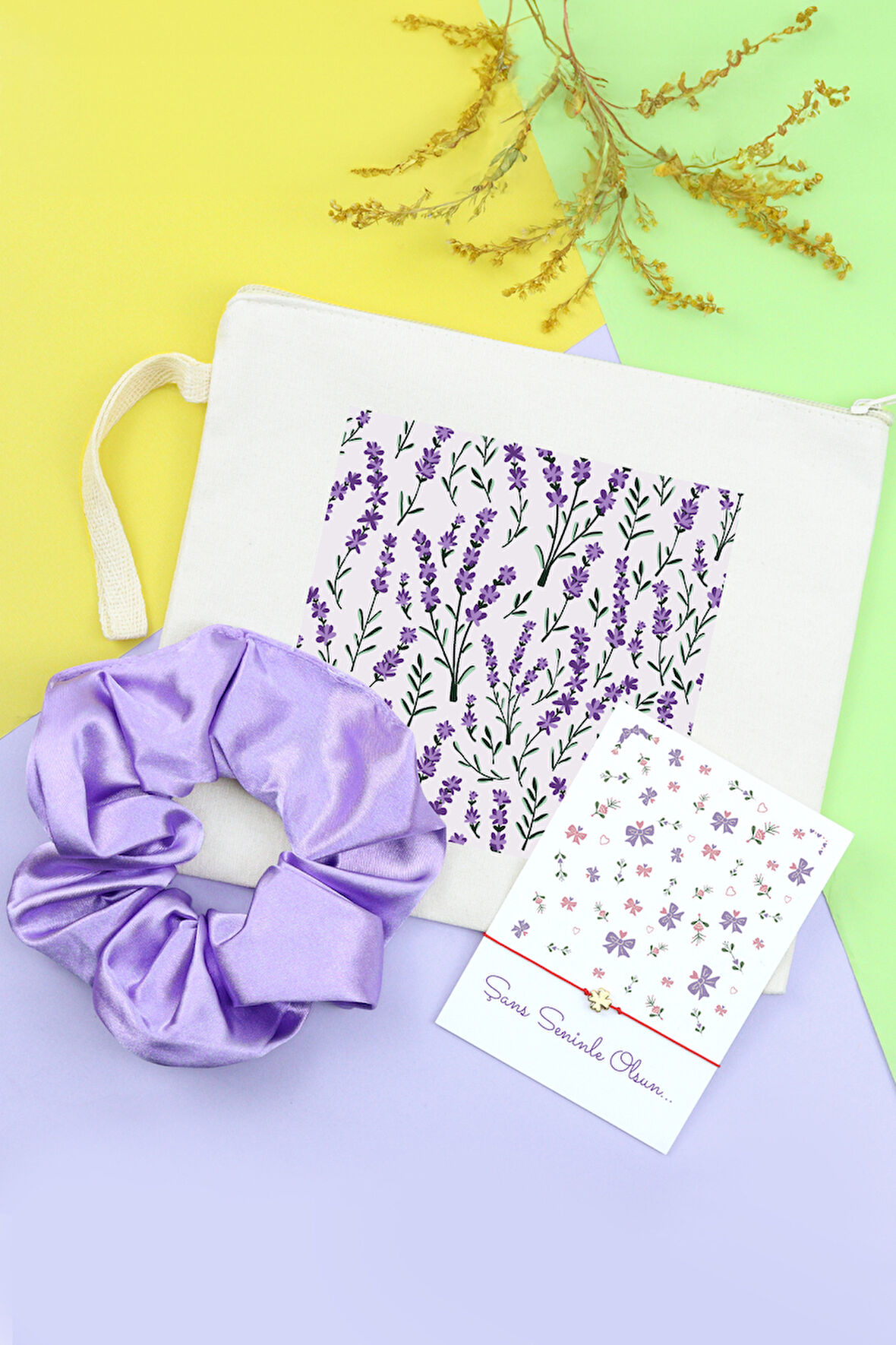 Lavanta Tasarım Ham Bez El Çantası & Şans Bilekliği & Saten Toka Hediye Seti