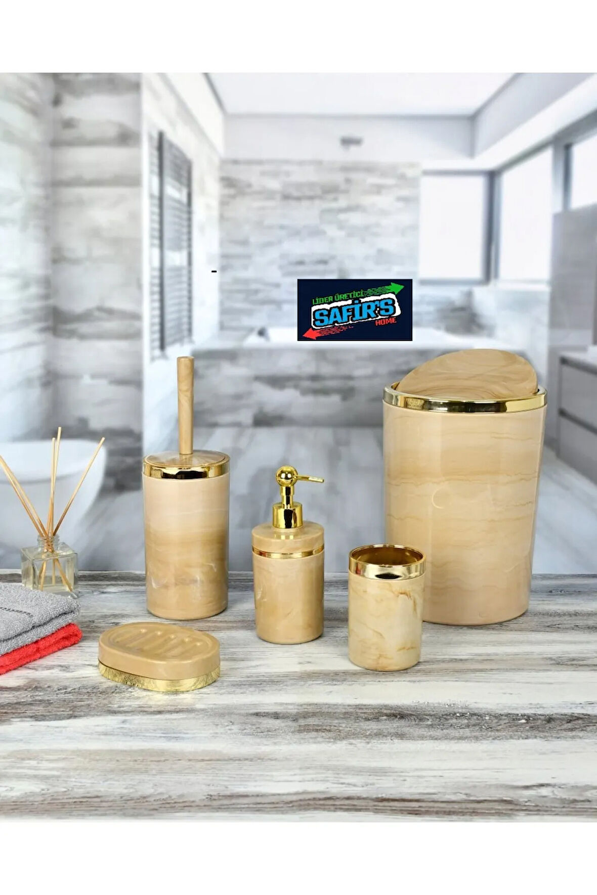 5 Parça Mermer Desen Banyo Seti / Wc Fırçalık, Sıvı - Katı Sabunluk, Çöp Kovası, Diş Fırçalık