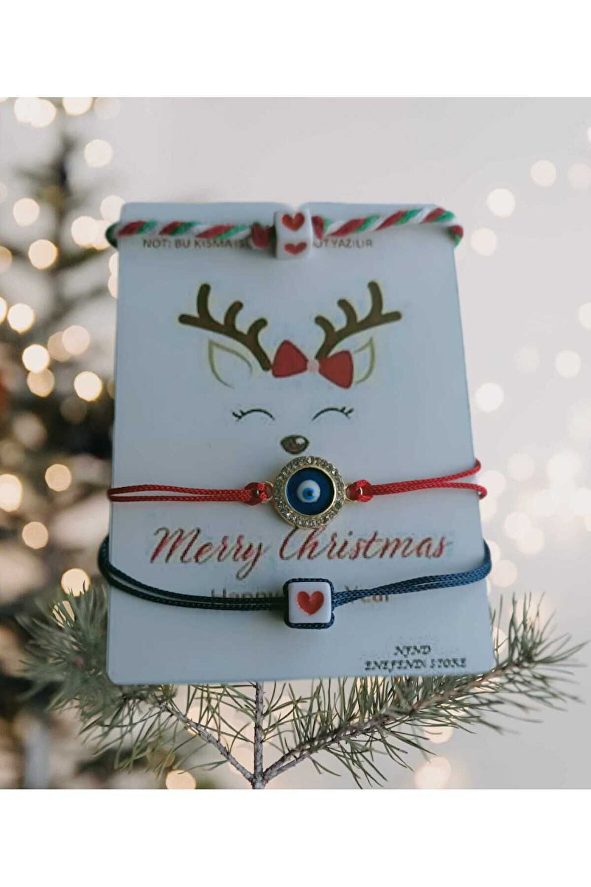 Merry Christmas Yılbaşı Kartlı Sevgili Eş Arkadaş Çocuk Şans Nazar Bileklik 3 lü Hediyelik 2025