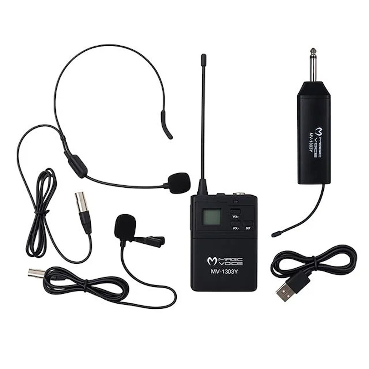 Magicvoice MV-1303Y Kablosuz 1 Yaka + 1 Headset Telsiz Mikrofon Siyah