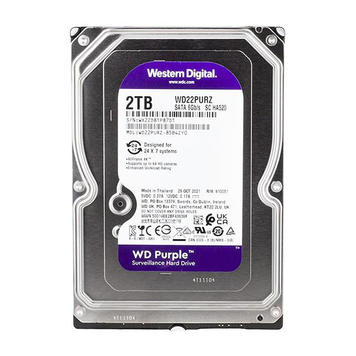 Western Digital Purple Wd22purz 2 Tb Sata 6gb/s 7-24 Güvenlik Harddisk