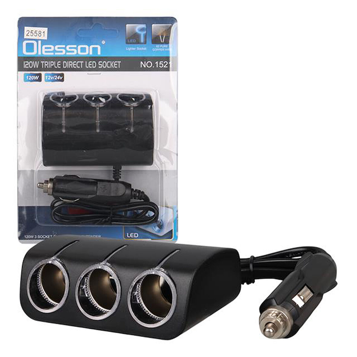 Olesson 1521 12-24v 120w 80 Cm Kablolu 3'lü Araç Çakmak Çoklayıcı