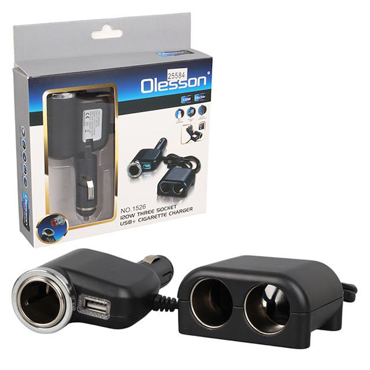 Olesson 1526 12-24v Tek Usb Girişli 120w 80 Cm Kablolu 3'lü Araç Çakmak Çoklayıcı