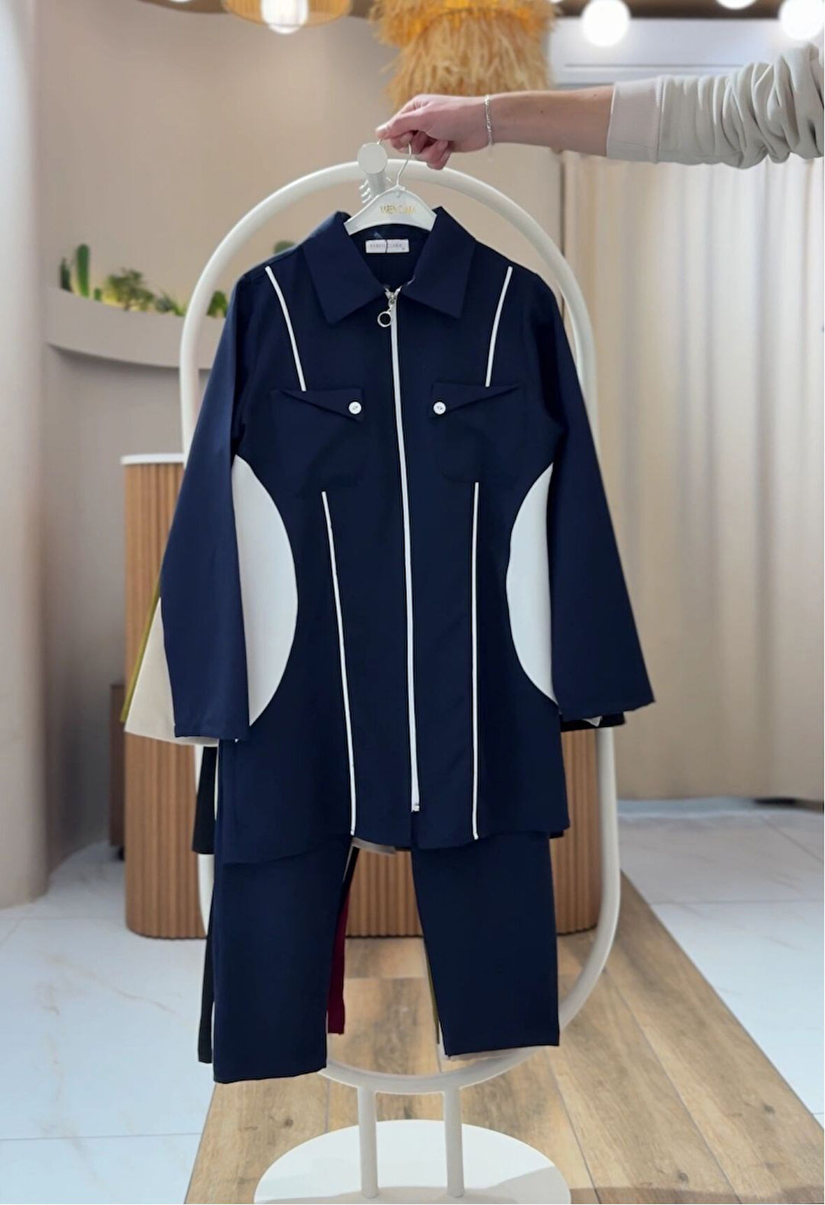 Merve Kadın Lacivert Trend Ortadan Fermuarlı Gömlek Pantolon Takım MERVE-6547