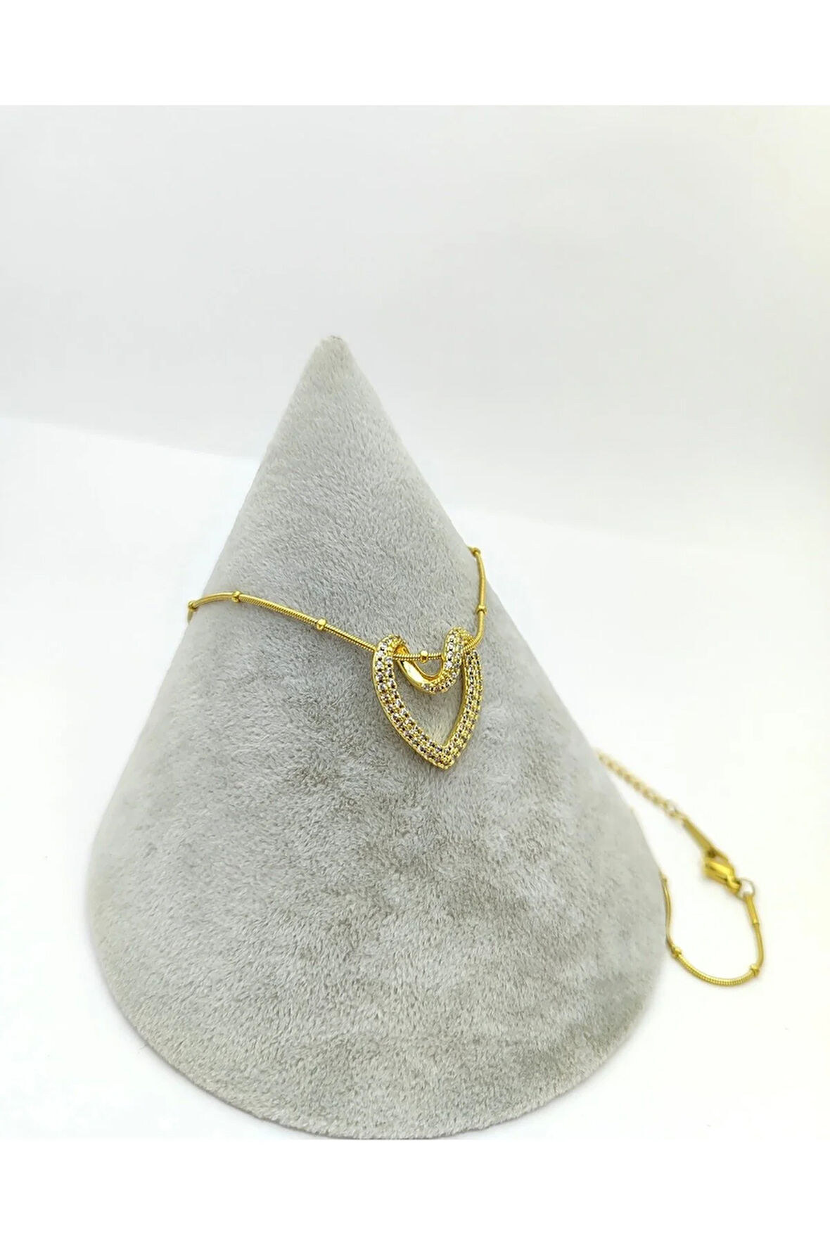 Kadın 22 Ayar Çelik Gold Altın Kaplama Düğüm Kalp İçi Boş Zirkon Taşlı Şık Kolye