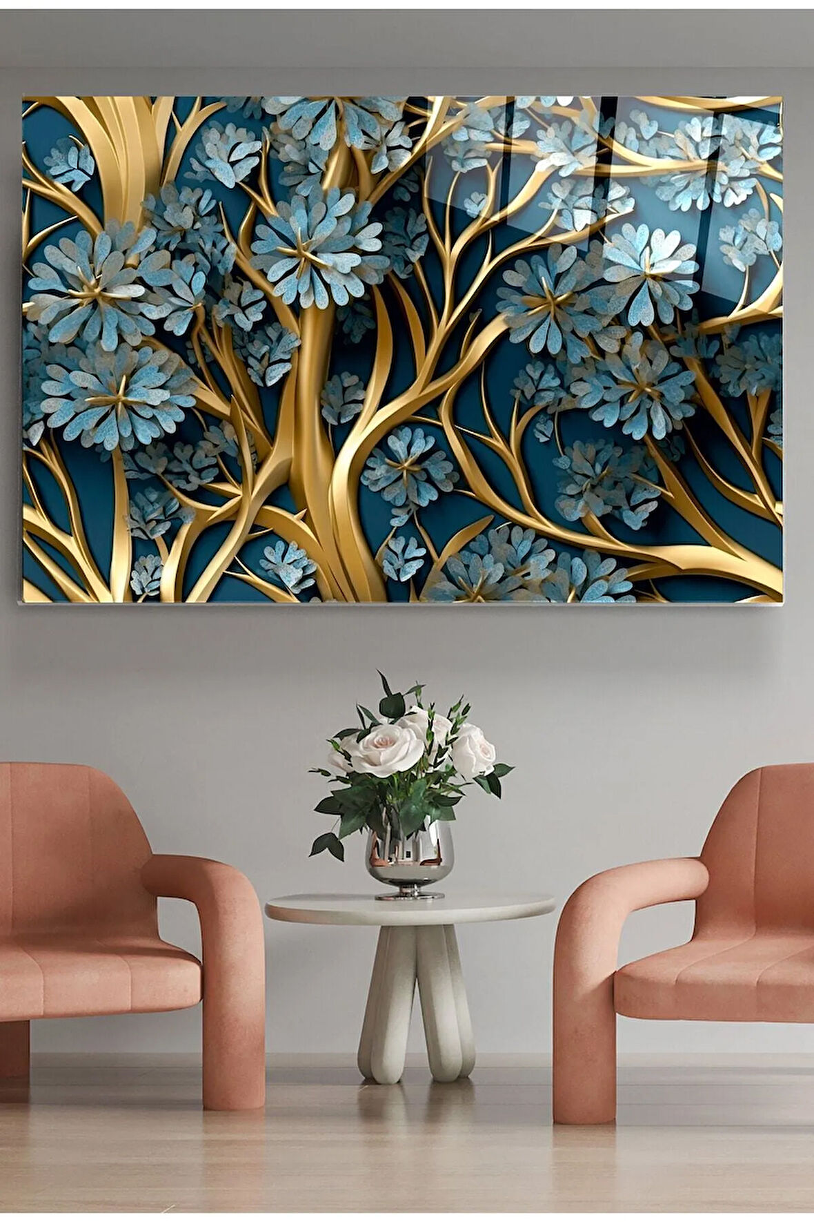 Mavi Çiçekler Cam Tablo, Dekoratif