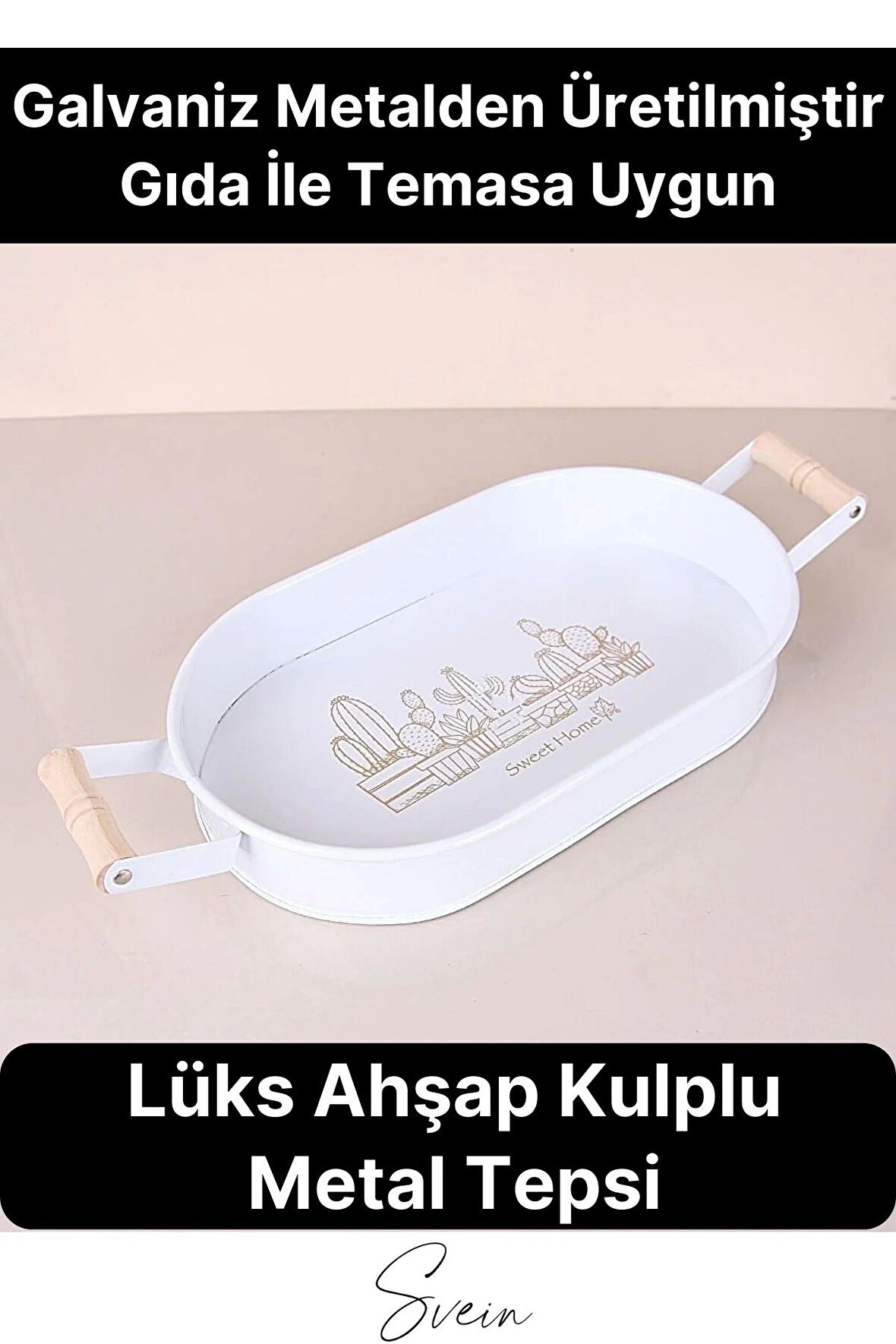 Lüks Ahşap Kulplu Geniş Metal Oval Krem Renk Servis Sunum Tepsi Sweet Home Yazılı Dekoratif Modern