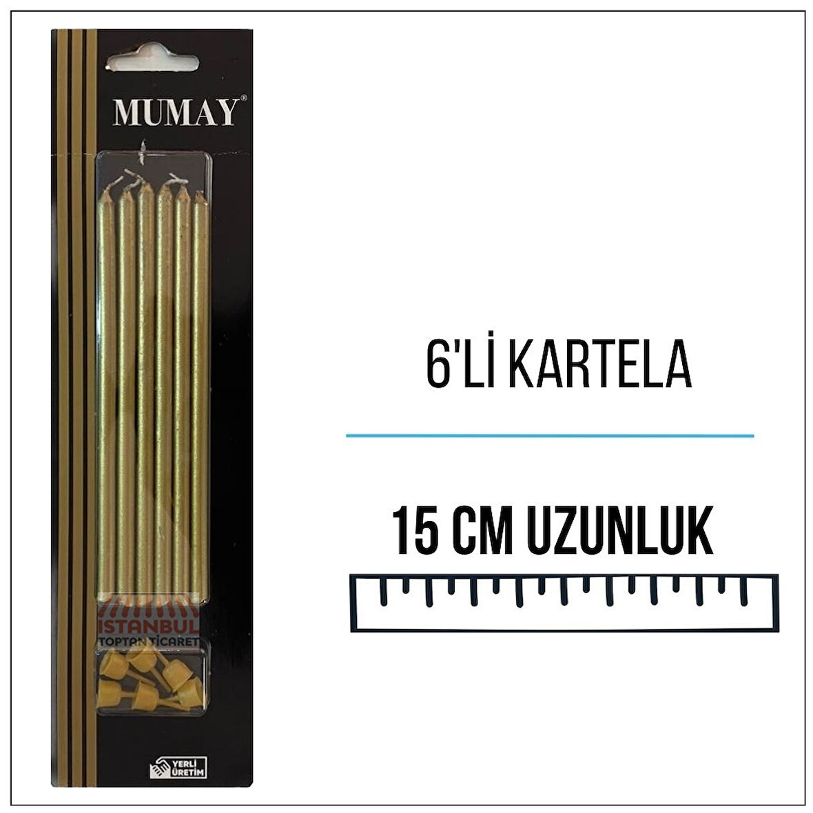 METALİK GOLD RENK UZUN MUM 15 CM 6'LI