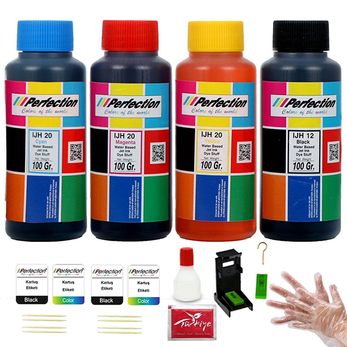 Perfection Canon Uyumlu E204, E304, E3140, E3340 E404 (Kartuş no:46-56) Aparatlı Solüsyonlu Kartuş Dolum Seti 4x100 gr.