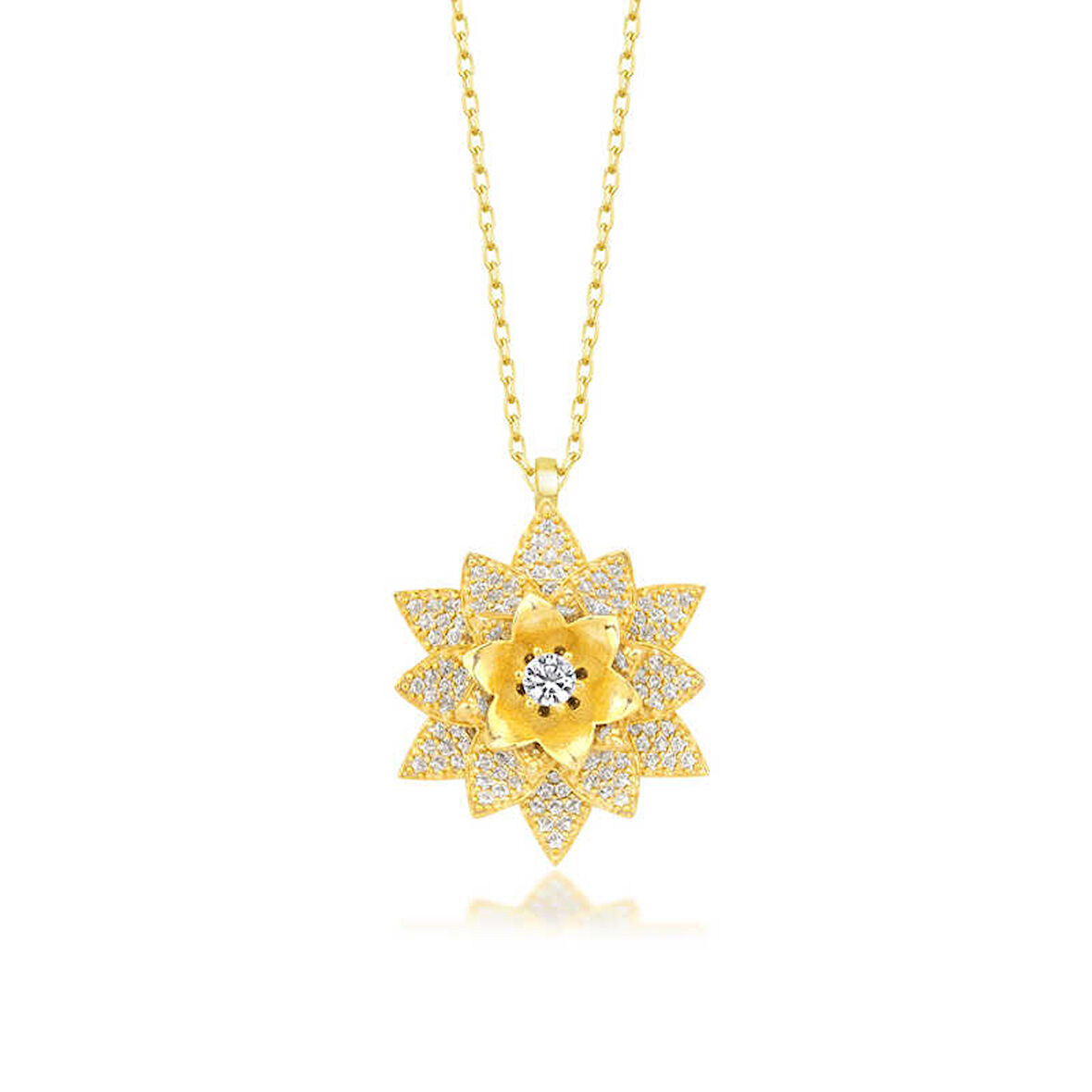 925 Ayar Gümüş Gold Beyaz Taşlı Lotus Çiçeği Kadın Kolye