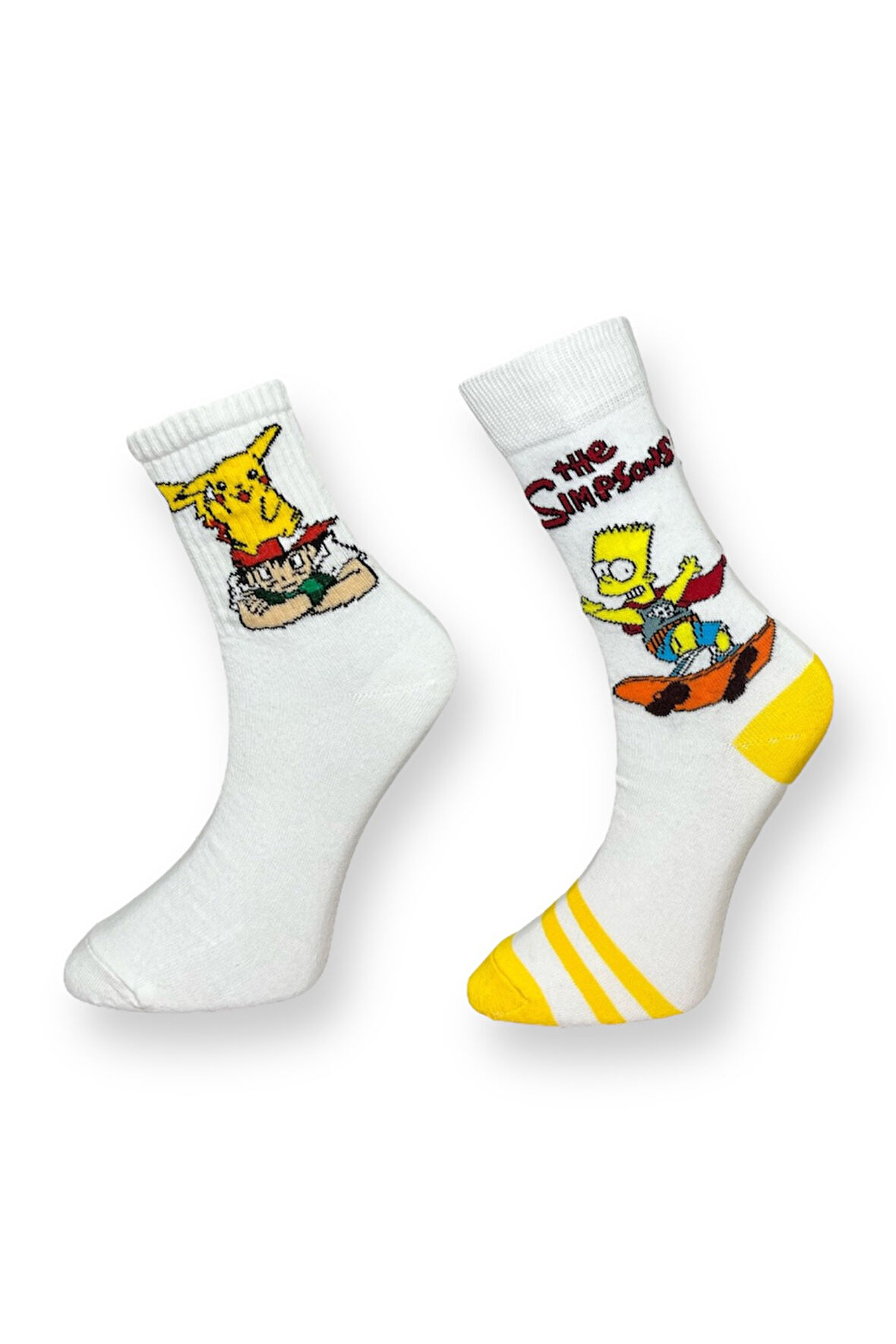 2'li Unısex Pokemon ve Simpsons Desenli Esnek Nem Alabilen Pamuklu Spor Soket Çoraplar