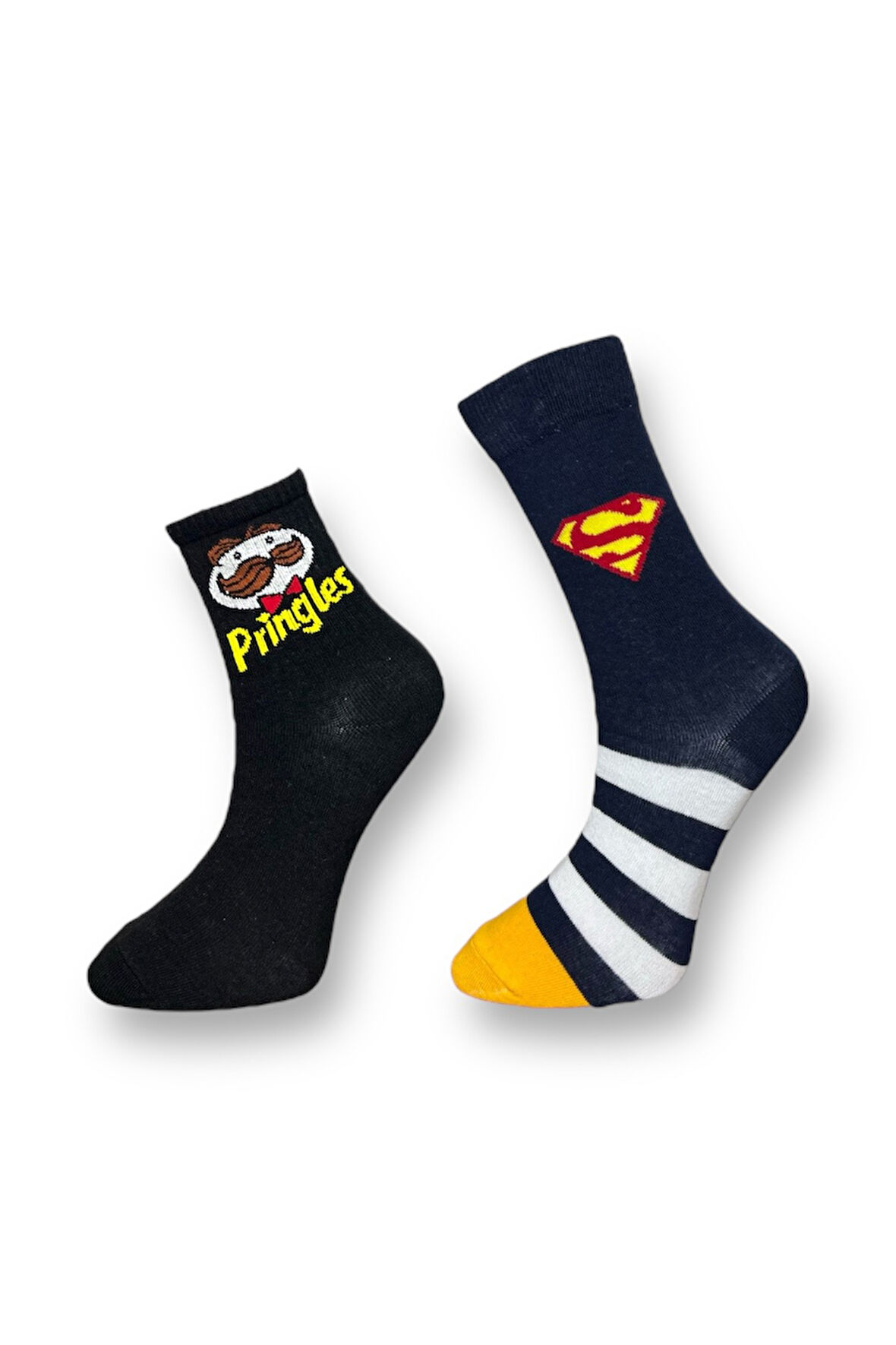 2'li Unısex Pringles ve Superman Desenli Esnek Nem Alabilen Pamuklu Spor Soket Çoraplar