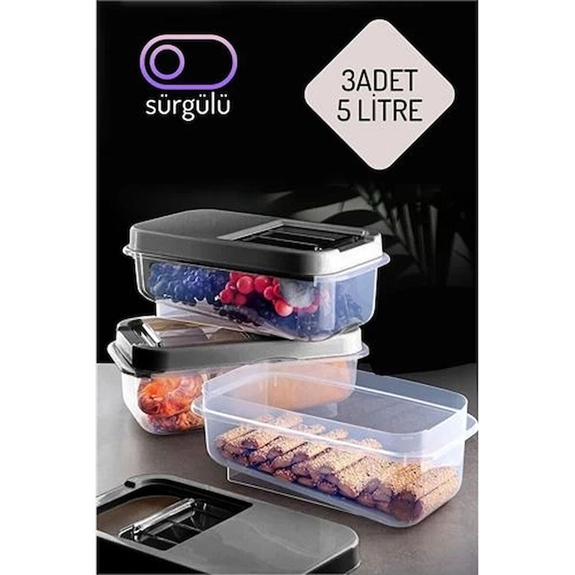 CEYLAN ADAM  Erzak Bakliyat Saklama Kabı 3 lü Set 5 Lt Antrasit