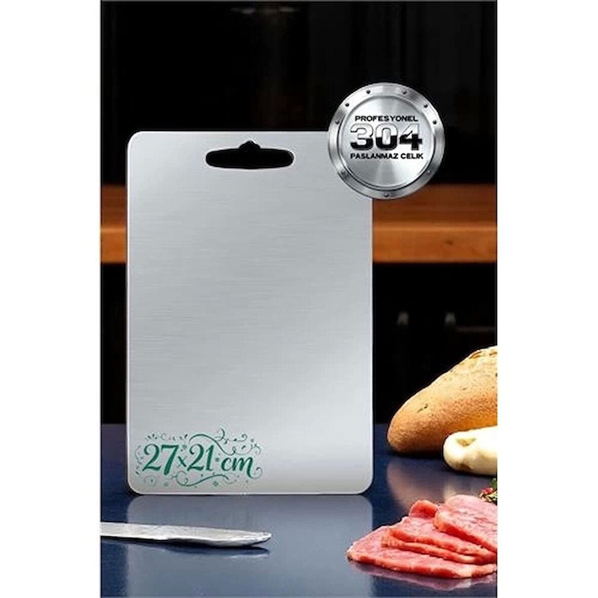 CEYLAN ADAM  Kesim Tahtası - Profesyonel 304 Paslanmaz Çelik Doğrama Tahtası 27x21 CM