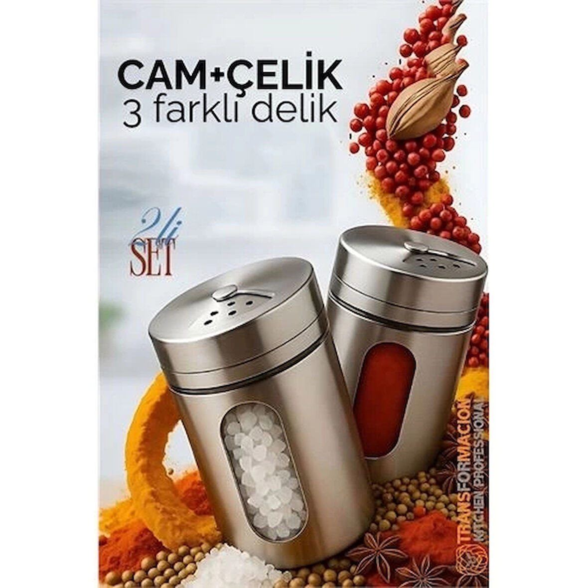 CEYLAN ADAM  Cam+Çelik Tuzluk Biberlik Karabiberlik 3 Farklı Delikli 2 li SET