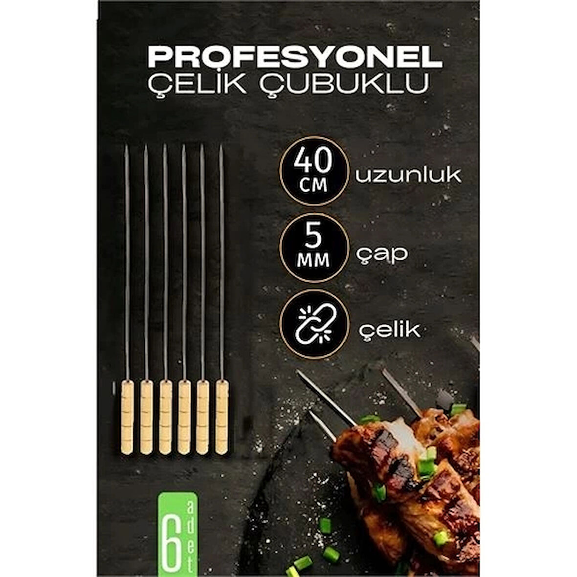 CEYLAN ADAM  Çelik Şiş Çubuğu - Mangal Şişi Ahşap Saplı Kebap Şişi  6 Adet