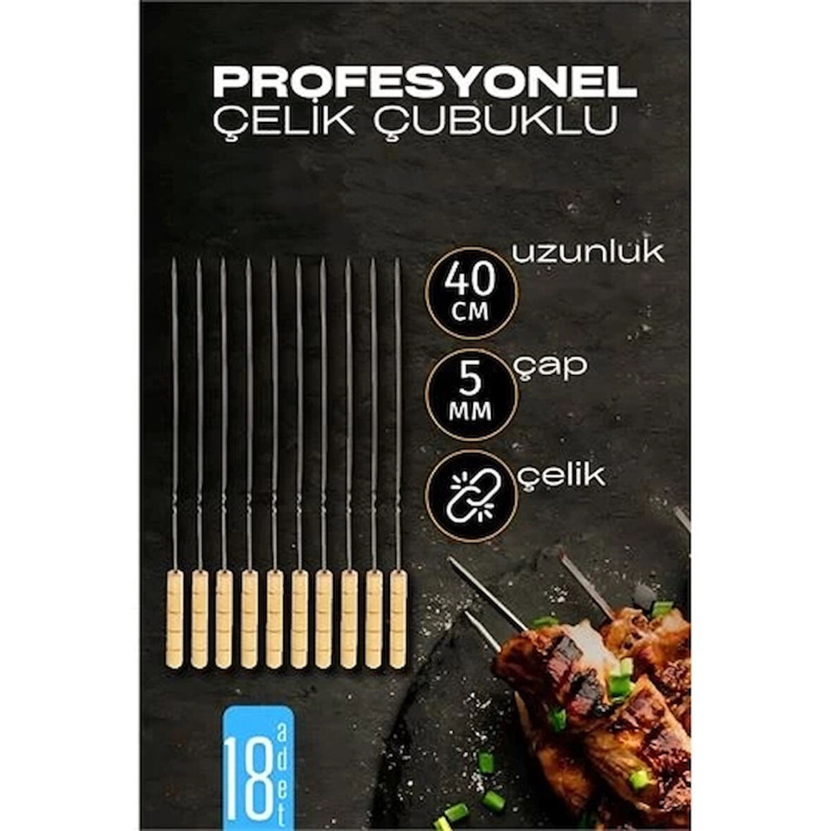 CEYLAN ADAM  Çelik Şiş Çubuğu - Mangal Şişi Ahşap Saplı Kebap Şişi  18 Adet