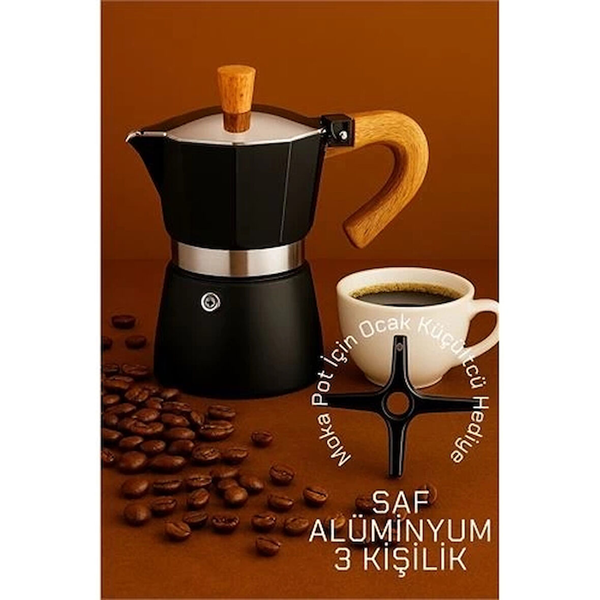 CEYLAN ADAM  Italyan Moka Pot - 6061 Saf Alüminyum  Ahşap Saplı - 3 kişilik SİYAH