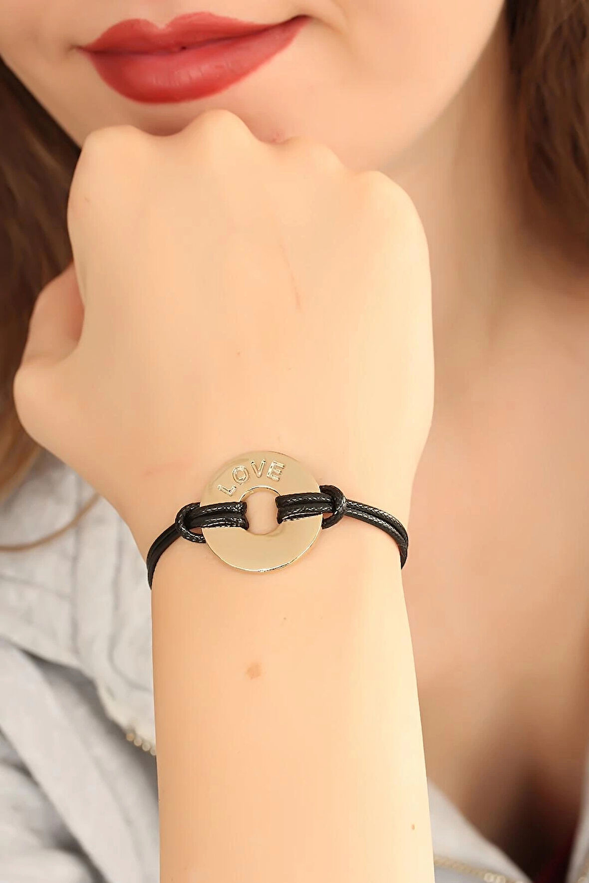 CEYLAN ADAM LOVE (Aşık) Siyah Deri İpli Unisex Mood Bileklik