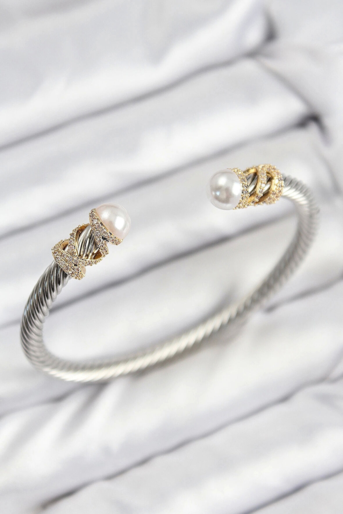 CEYLAN ADAM 316L Çelik Zirkon Taşlı İnci Model Gold Ve Gümüş Renk Kadın Bileklik