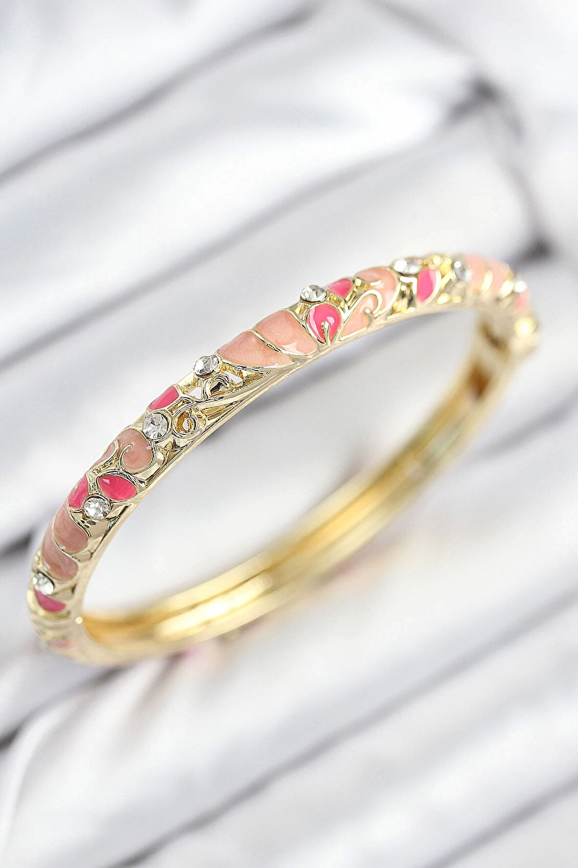 CEYLAN ADAM Mineli Pirinç Zirkon Taşlı Pembe Çiçek Motifli Gold Kadın Kelepçe