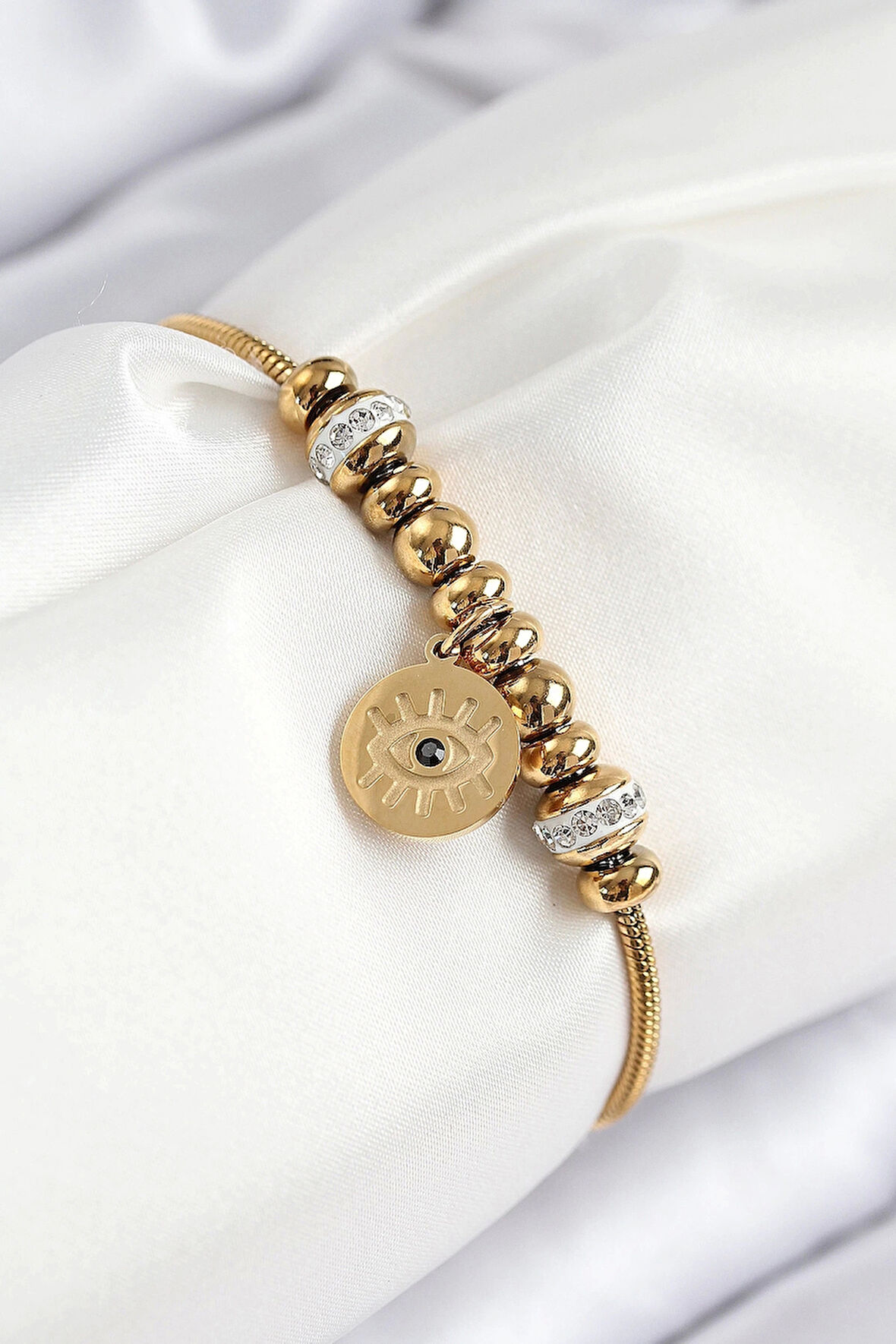 CEYLAN ADAM 316L Çelik Zirkon Taşlı Göz Charm Model Gold Renk Kadın Bileklik