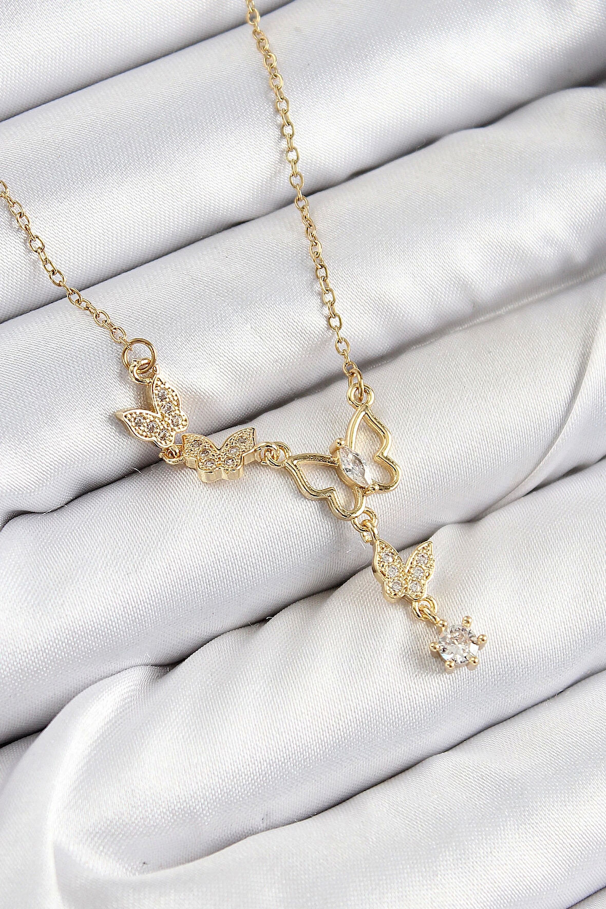 CEYLAN ADAM 316L Çelik Zirkon Taşlı Kelebek Model Gold Renk Kadın Kolye