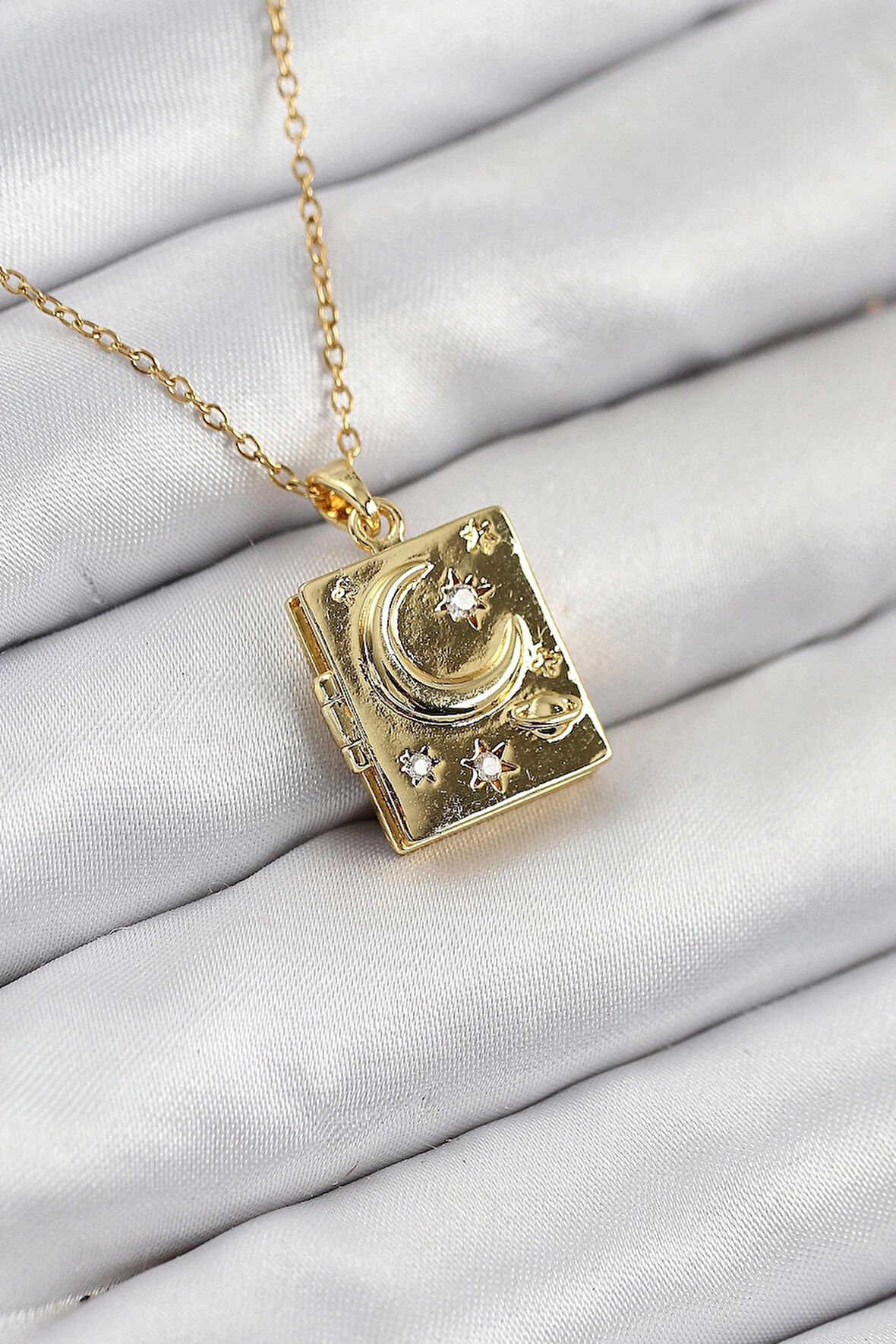 CEYLAN ADAM 316L Çelik Zirkon Taşlı Açılabilr Kapaklı Kitap Model Gold Renk Kadın Kolye