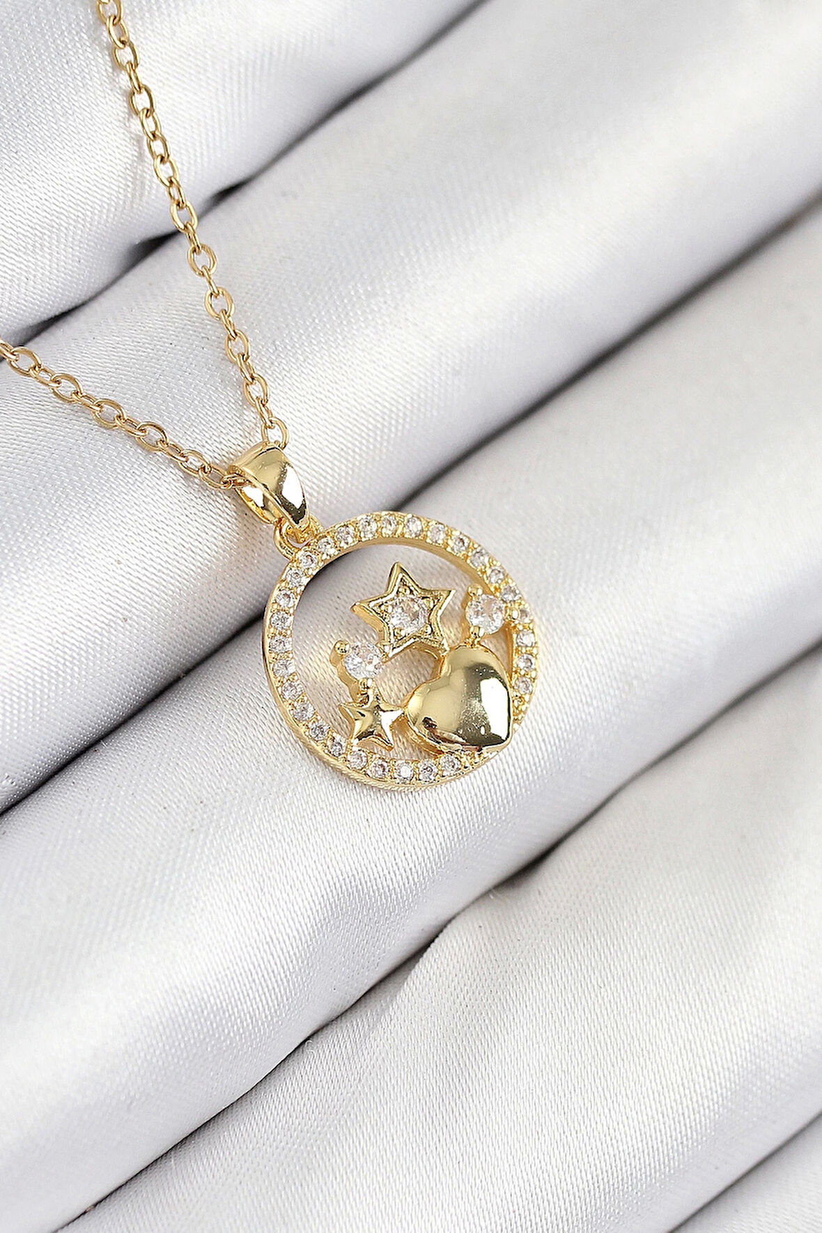 CEYLAN ADAM 316L Çelik Zirkon Taşlı Yıldız Ve Kalp Model Gold Renk Kadın Kolye