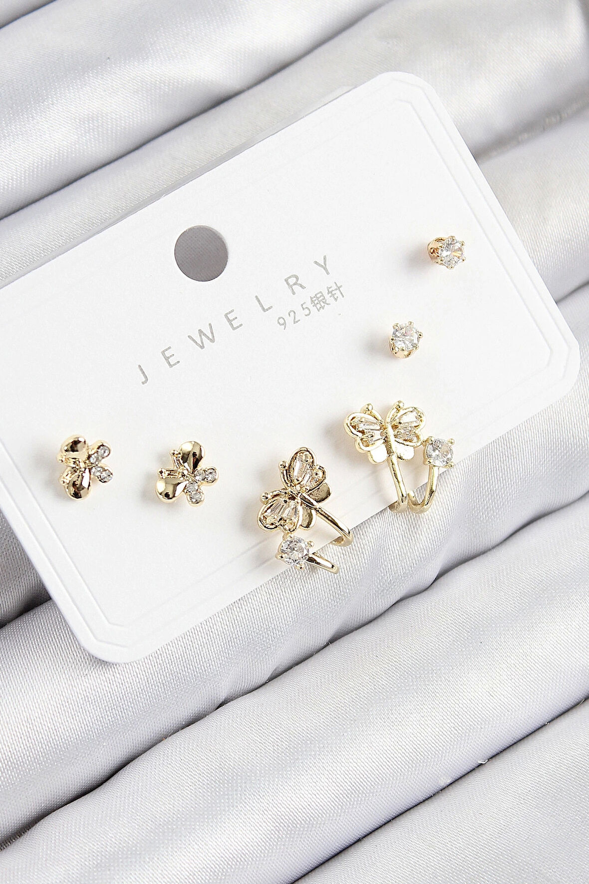 CEYLAN ADAM Pirinç Zirkon Taşlı Kelebek Model Gold Renk 925 Ayar Gümüş Çivi Kadın Küpe Set