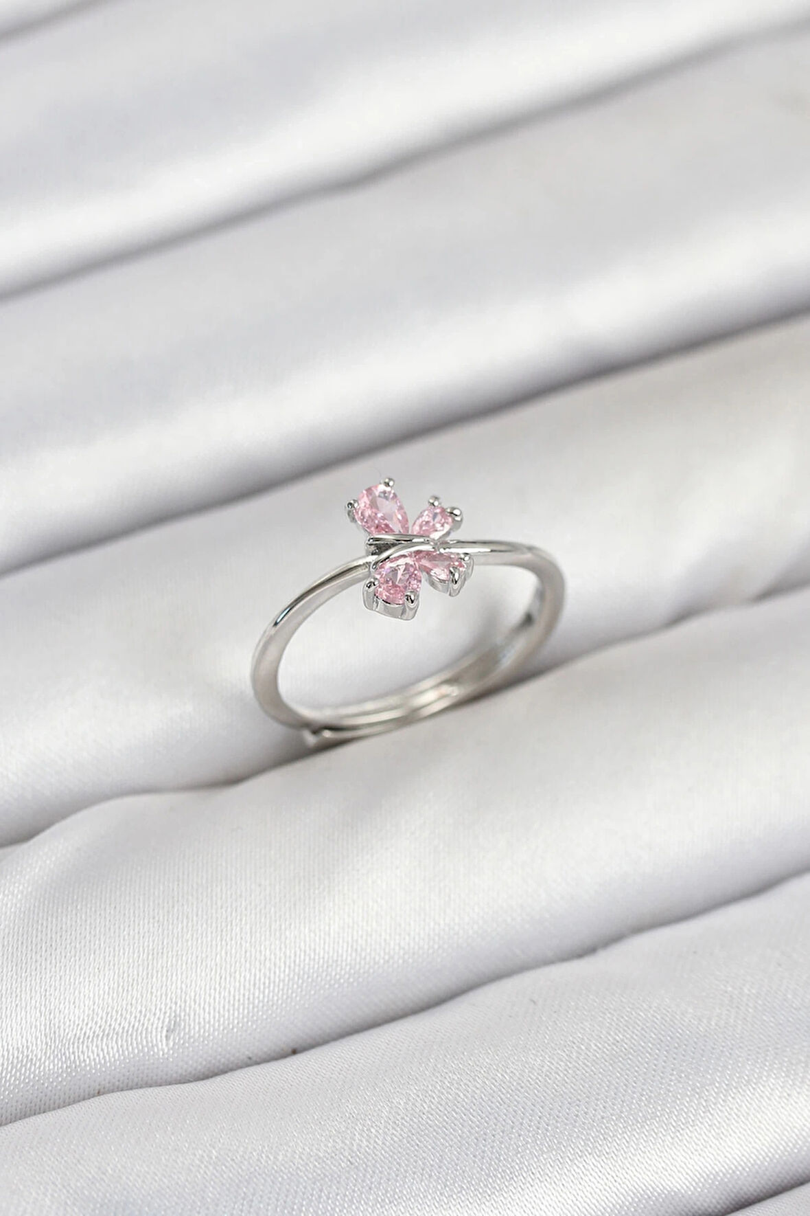 CEYLAN ADAM Pirinç Gümüş Renk Pembe Kelebek Kadın Yüzük