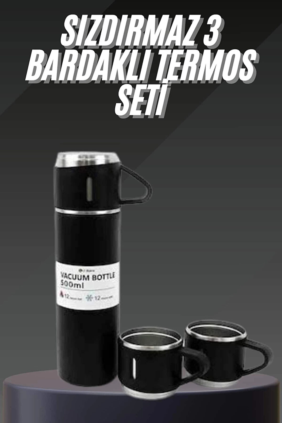 CEYLAN ADAM Termos Seti Paslanmaz Çelik 3 Bardaklı Vakumlu Termos Set 500 Ml 12 Saate Kadar Isı Koruma