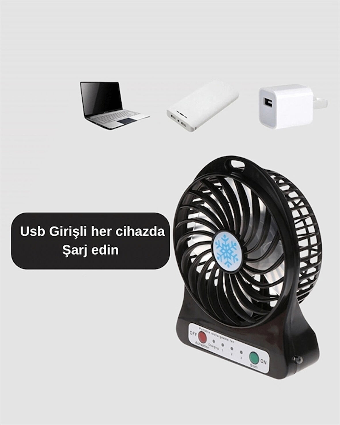 CEYLAN ADAM Mini Vantilatör Masaüstü – USB Girişli, Şarjlı, 3 Kademe, Sessiz Motor, Işıklı