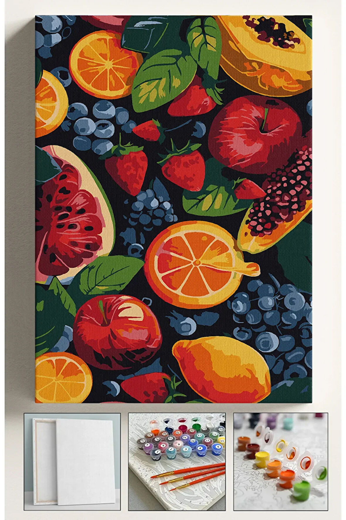 Sayılarla Boyama Çerçeveli Hobi Seti Numaralı Tuval Fırça Boya Dahil Kasnaklı MEYVELER 40X50 Cm