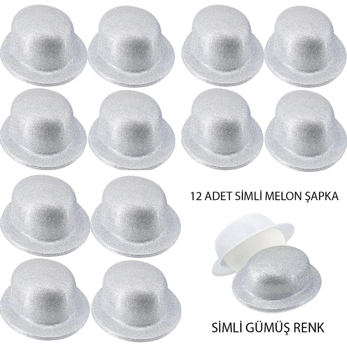 CEYLAN ADAM   Gümüş Renk Simli Melon Yuvarlak Parti Şapkası 12 Adet