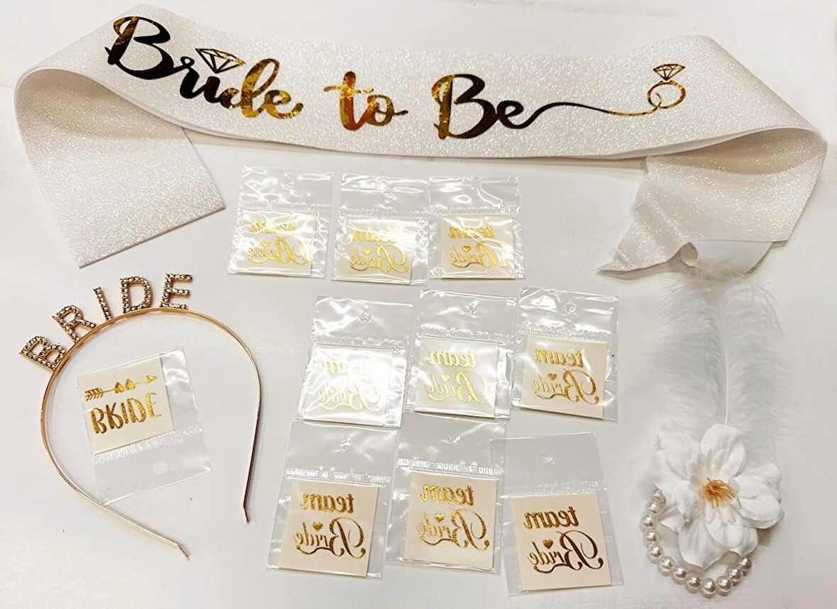 CEYLAN ADAM     Altın Renk Bride Partisi Taç Kuşak Dövme Bileklik Seti Full 13 Parça