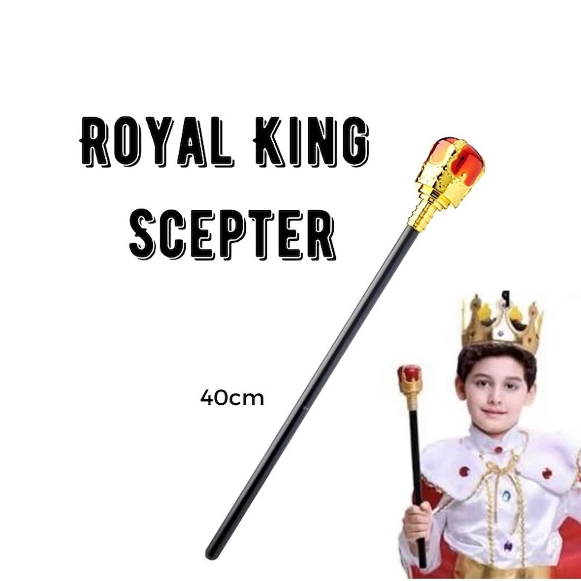 CEYLAN ADAM   Çocuk Boy Altın Renk Kral Tacı ve Kırmızı Topuzlu Kral Asası