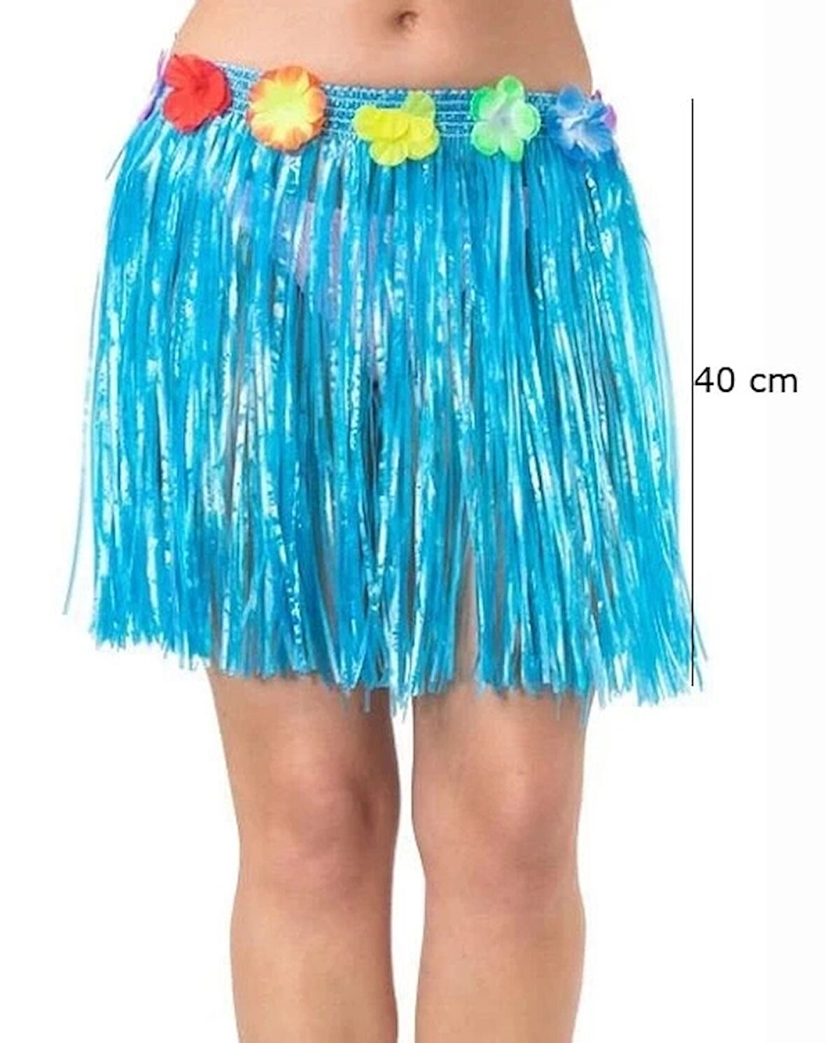CEYLAN ADAM   Yetişkin ve Çocuk Uyumlu Mavi Renk Püsküllü Hawaii Luau Hula Etek 40 cm
