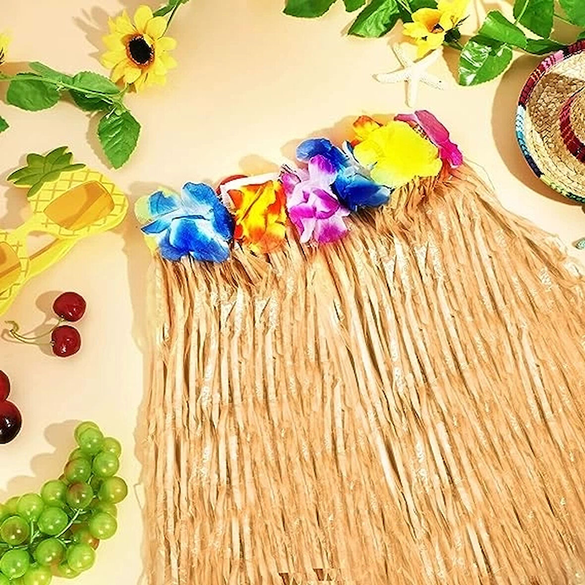 CEYLAN ADAM   Yetişkin ve Çocuk Uyumlu Saman Renk Hawaii Luau Hula Etek 40 cm 12 Adet