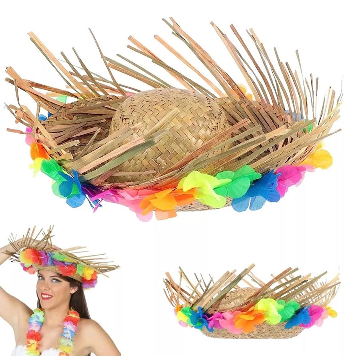 CEYLAN ADAM   Naturel Renk Püsküllü Örme Hasır Hawaii Luau Aloha Şapka 13x36 cm