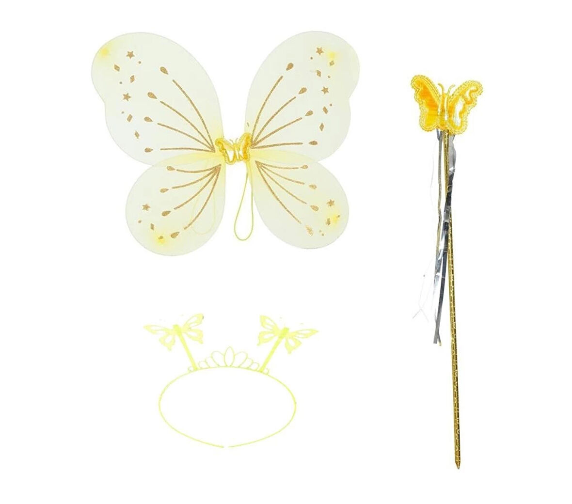 CEYLAN ADAM  Sarı Kelebek Erkek-Kız Seti – 50 cm Kelebek Kanadı, Taç ve Asa