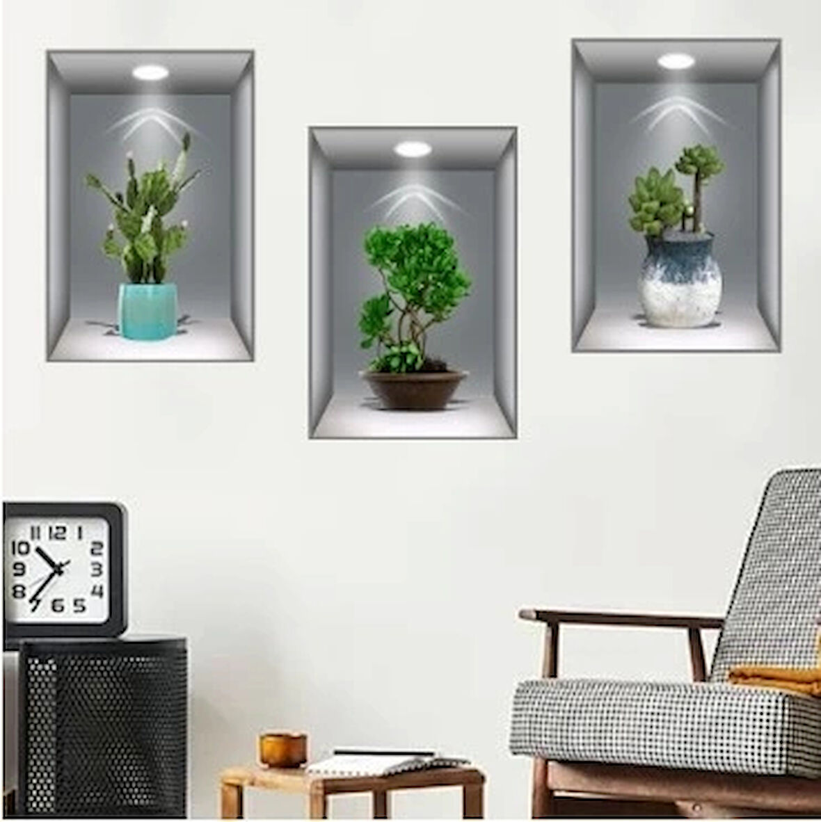 CEYLAN ADAM  3D Çiçek Vazo Duvar Sticker 3 lü Set GRİ Fon