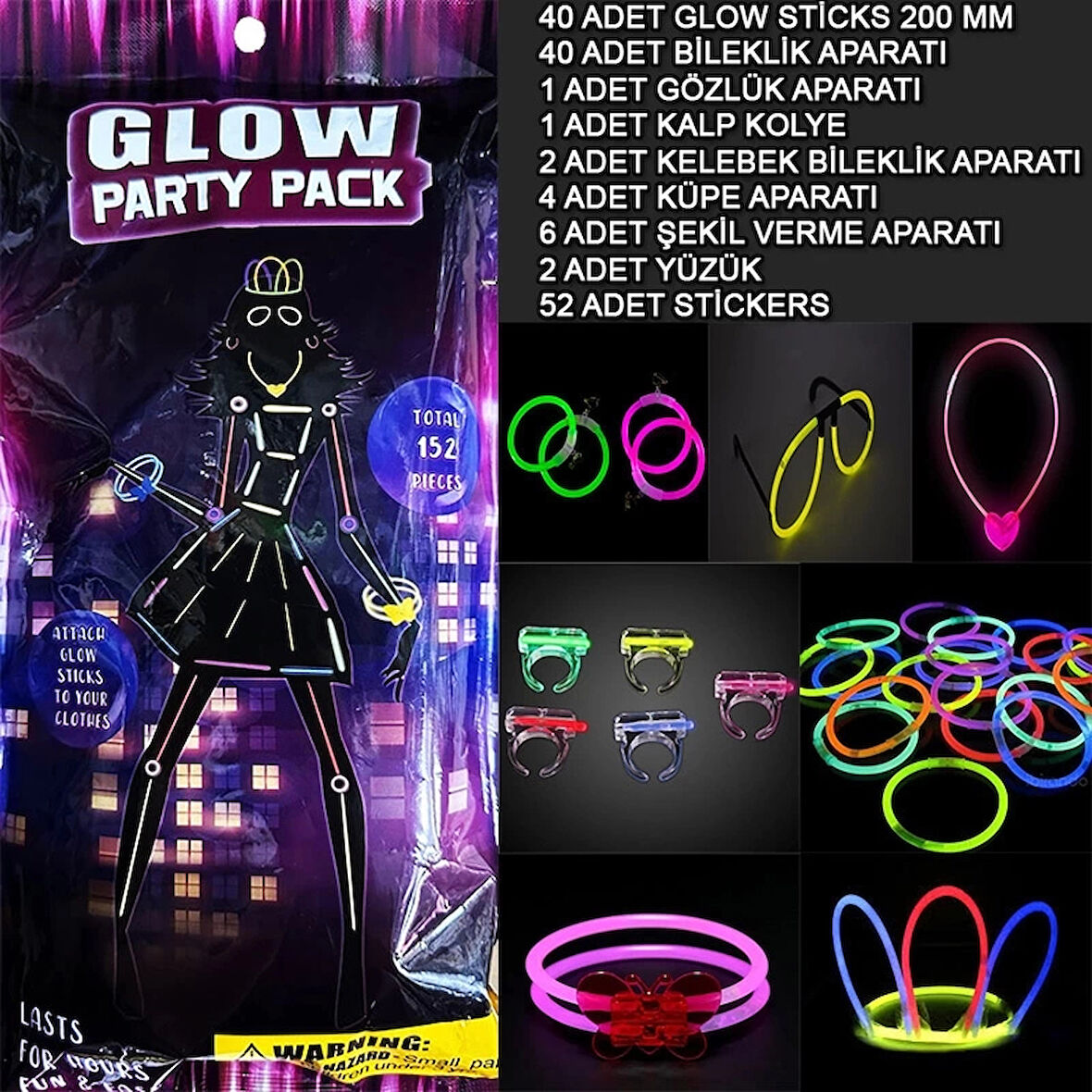 CEYLAN ADAM   Glow Parti Seti 152 Parçalık Lüks Glow Stick Kostüm Seti