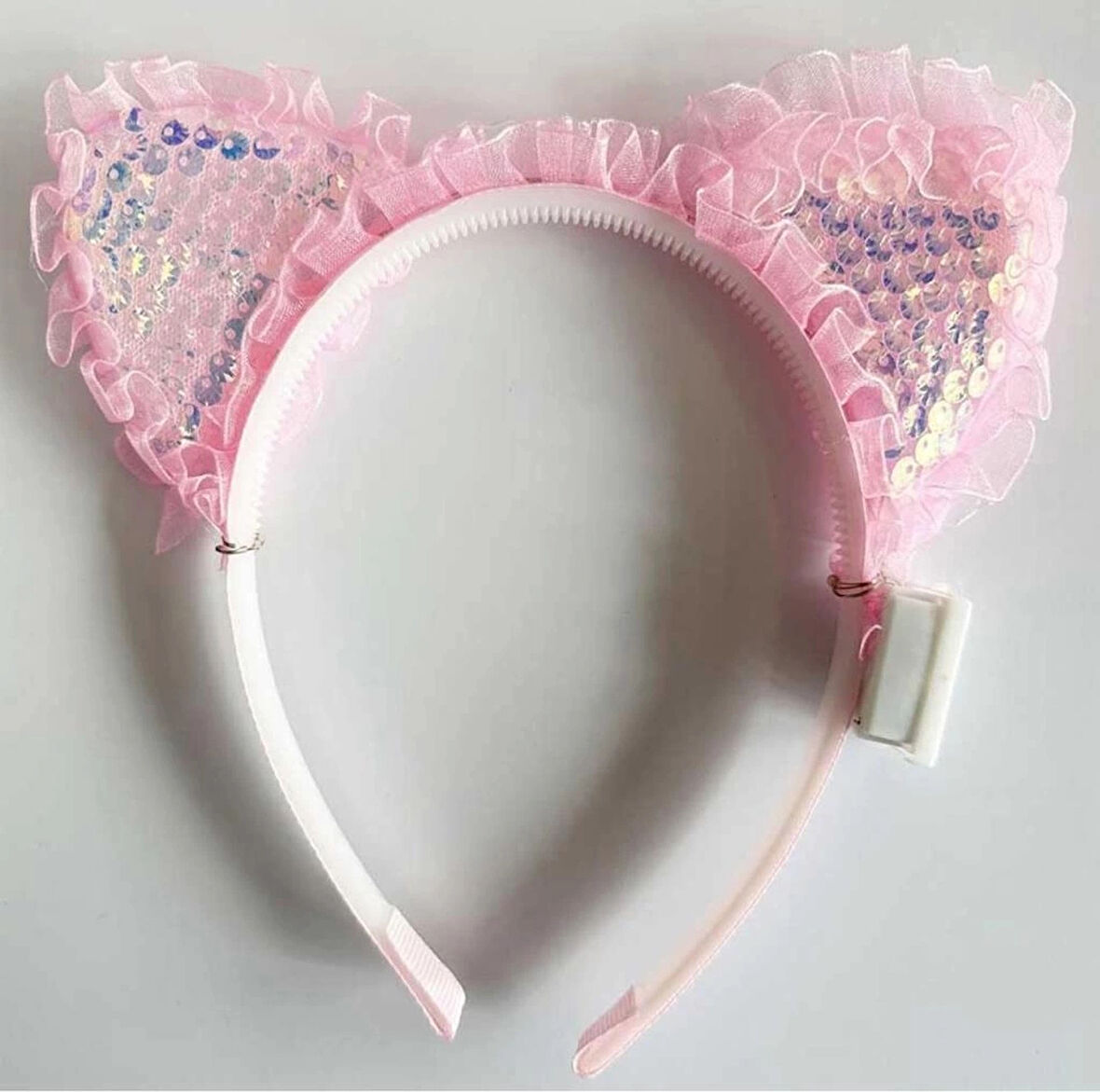 CEYLAN ADAM     Kenarları Dantelli Pembe Pullu Payetli Led Işıklı Kedi Kulak Taç 17x19 cm