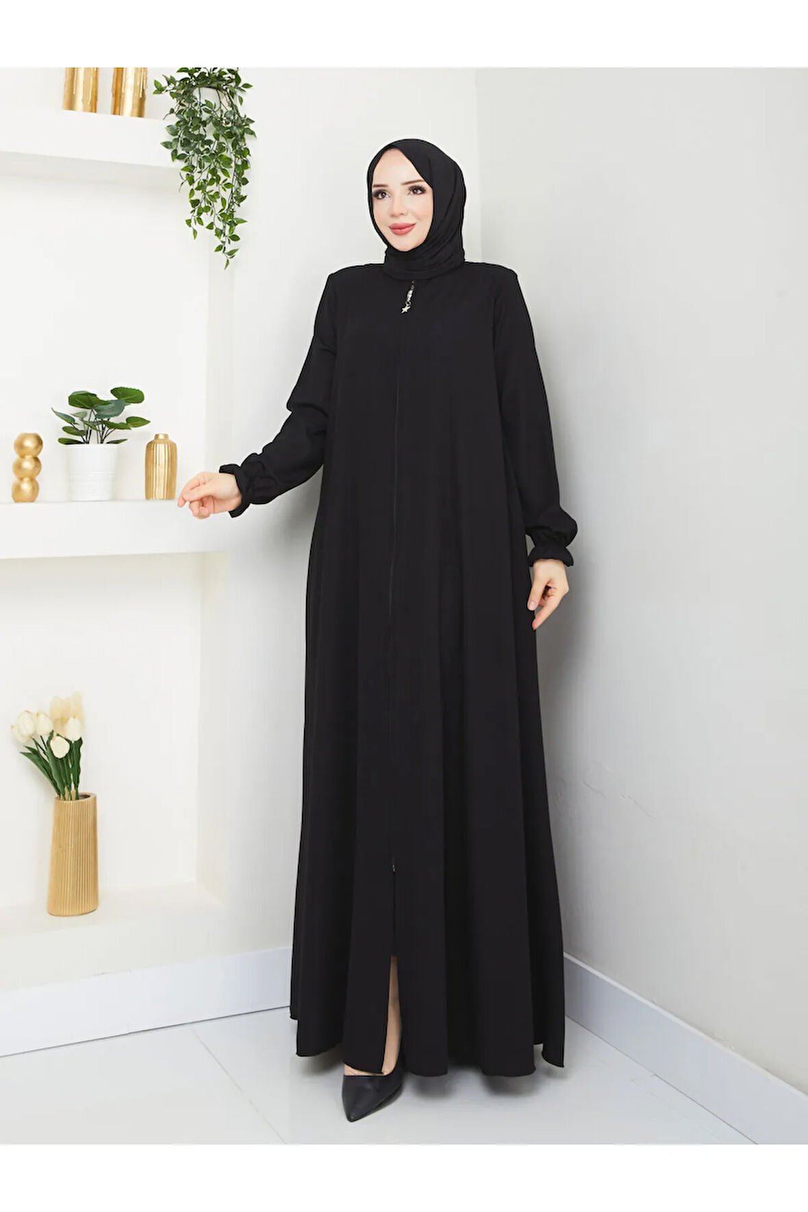 Siyah Fermuarlı Cepli Salaş Medine İpeği Mevlana Ferace MF-6010