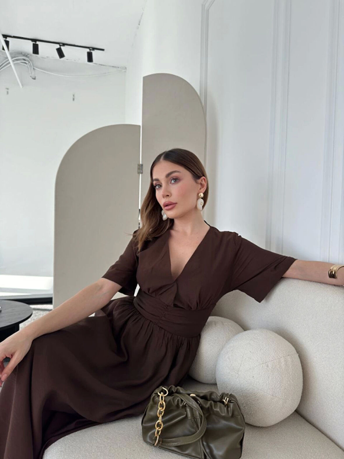 Kısa Kollu Uzun Elbise - Kahve