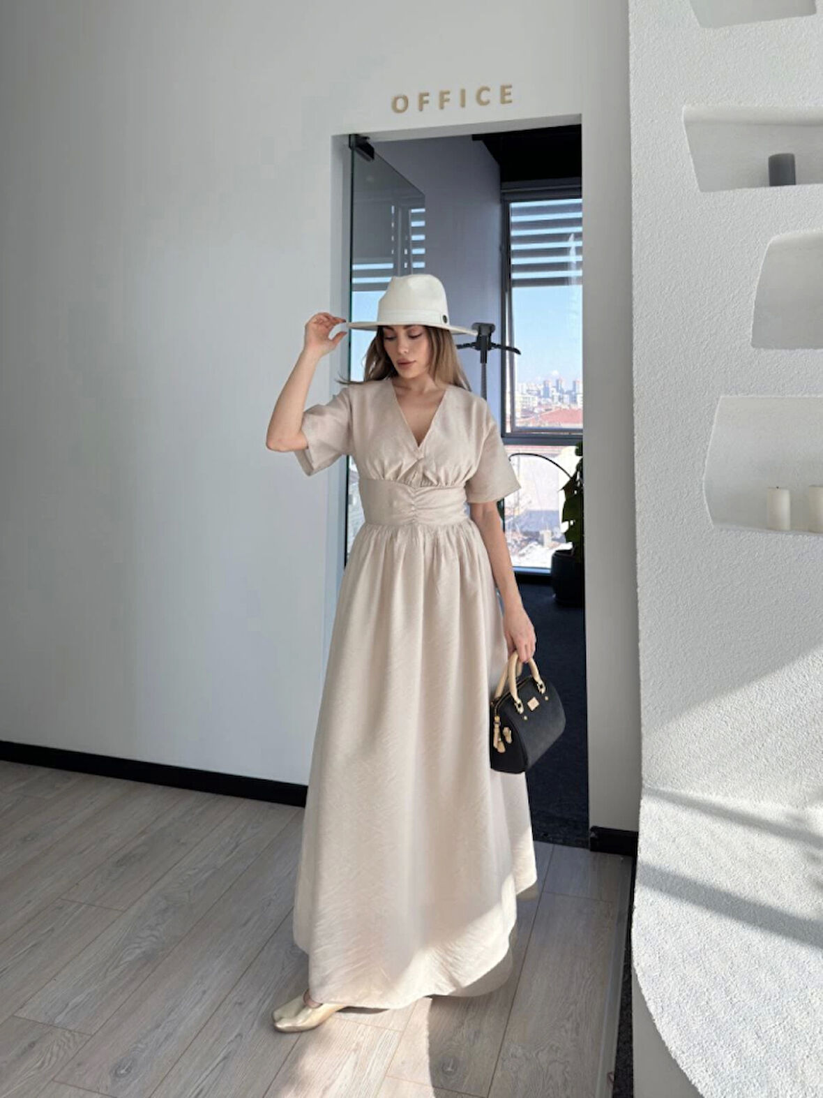 Kısa Kollu Uzun Elbise - Kırık Beyaz