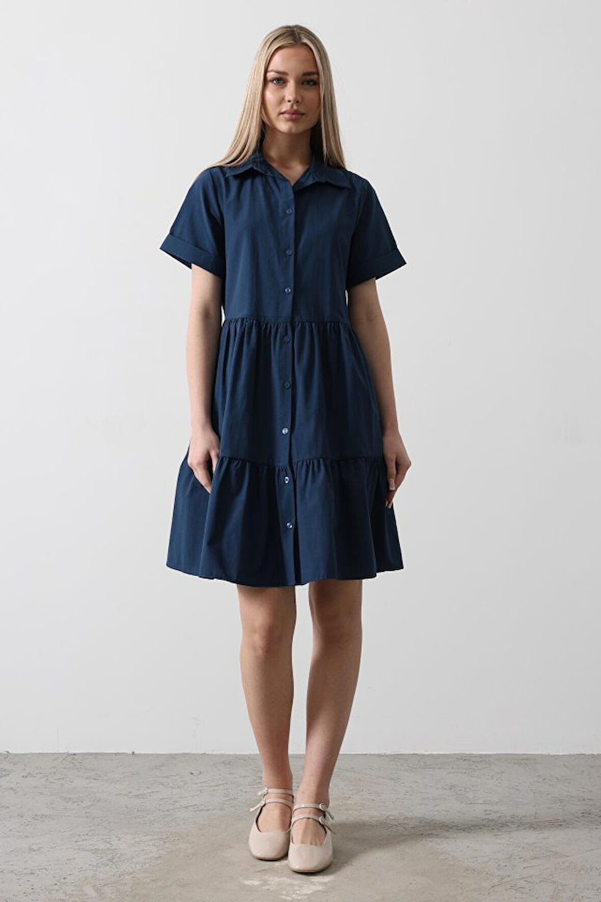 Kısa Kol Düğmeli Elbise - İndigo