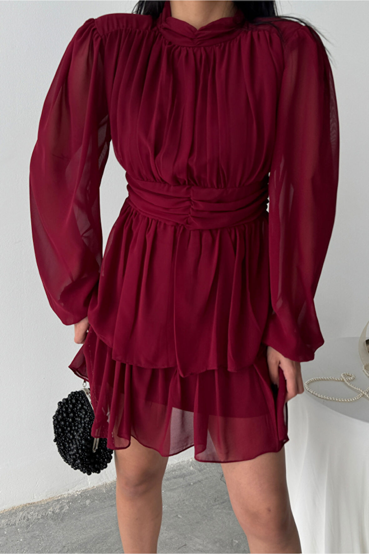 ŞİFON KATLI UZUN KOL ELBİSE - Bordo