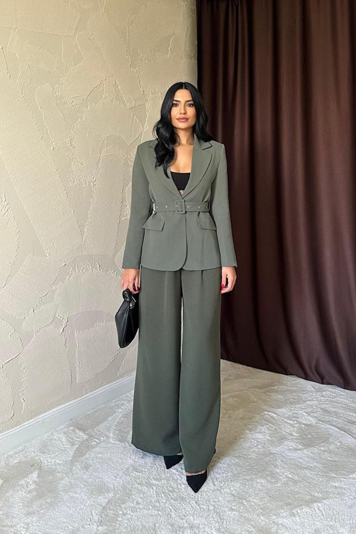 Haki Cep Kapaklı Ve Kemerli Ceket